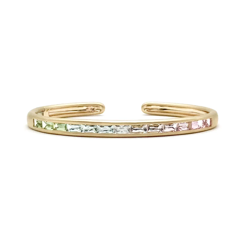 women's celestial-inspired bracelets-One of a Kind Hinged Oval Cuff Bracelet with Light Green To Pink Tourmaline Ombre Baguettes