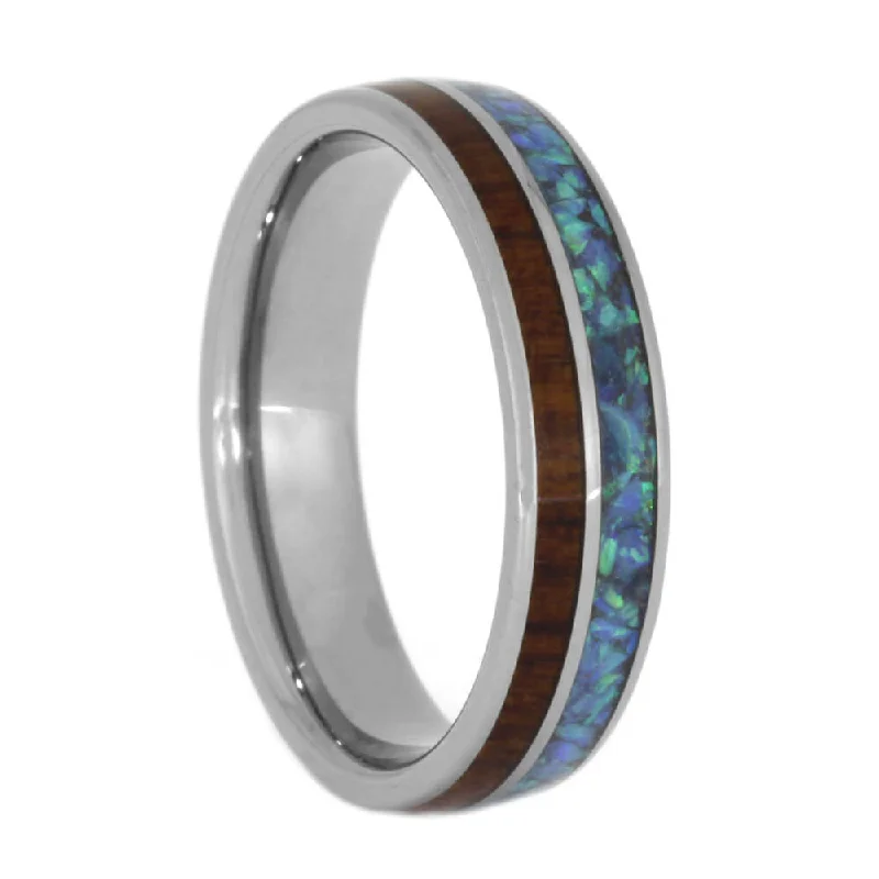 women's unique engagement rings-Wood Wedding Band, Snakewood Ring with Crushed Synthetic Opal