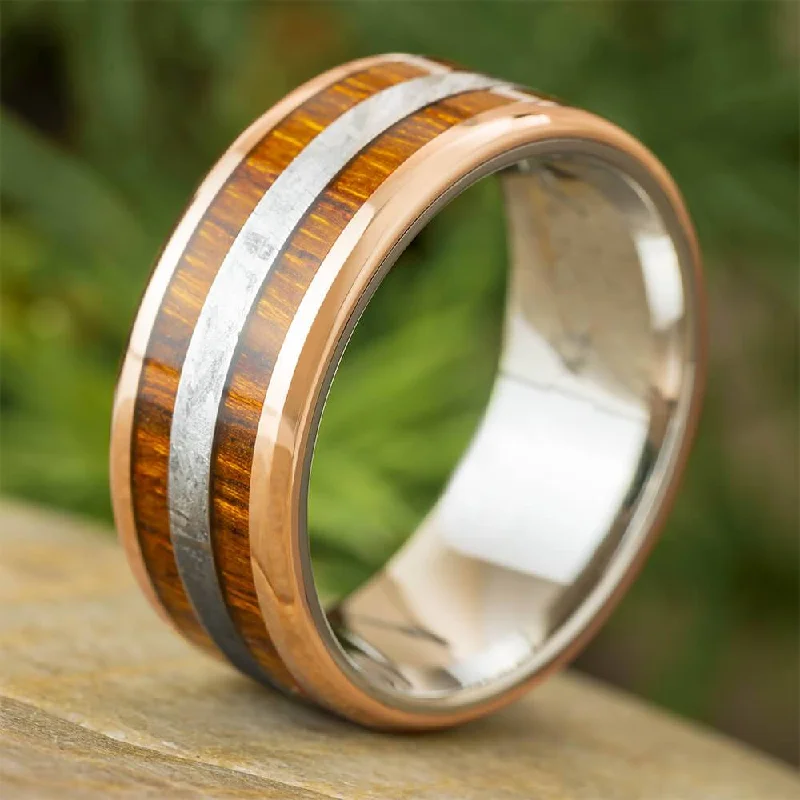 women's hypoallergenic engagement rings-Meteorite Wedding Band with Ironwood and Rose Gold