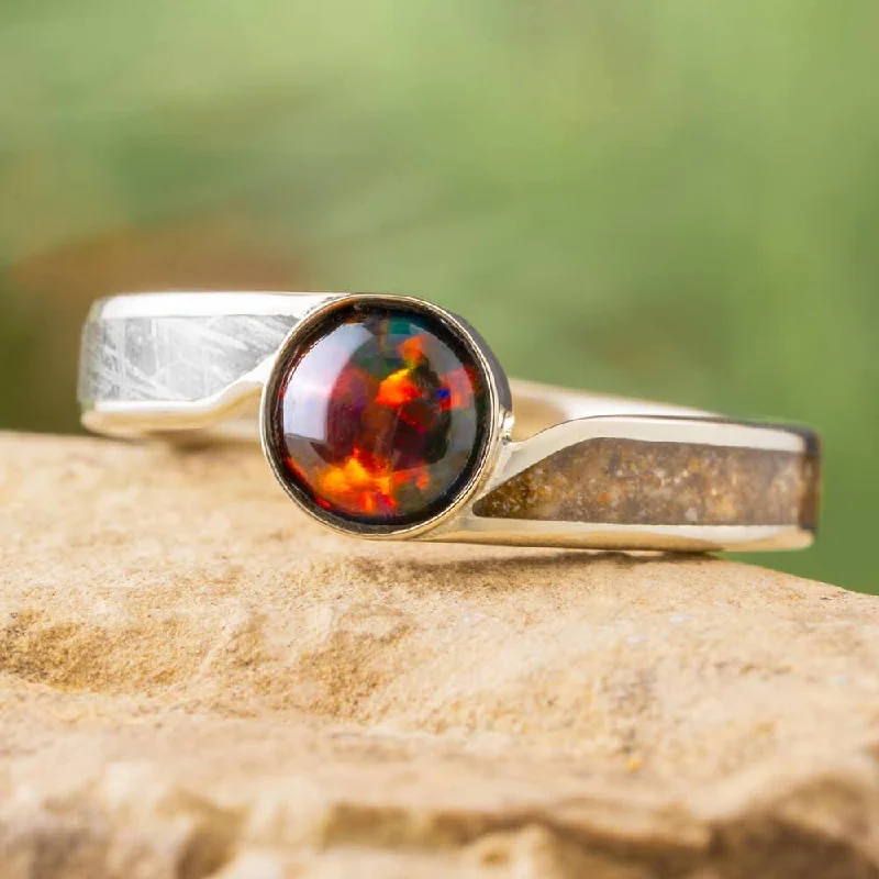 women's celestial-inspired engagement rings-Opal Engagement Ring with Meteorite and Dinosaur Bone