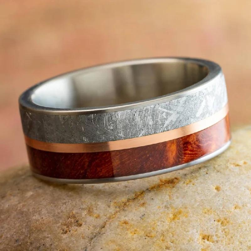 women's elegant rings-Wood Wedding Band with Meteorite and Rose Gold