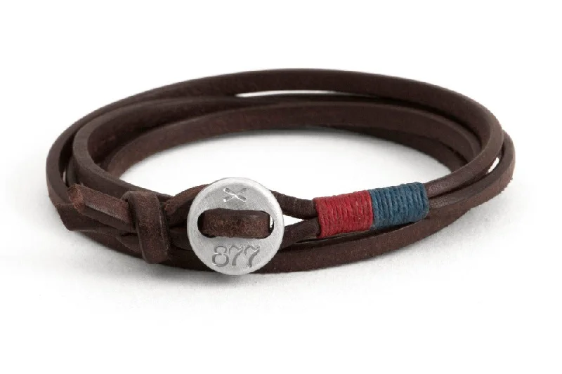 women's engraved bracelets-#155 - Men’s bracelet button brown leather red blue