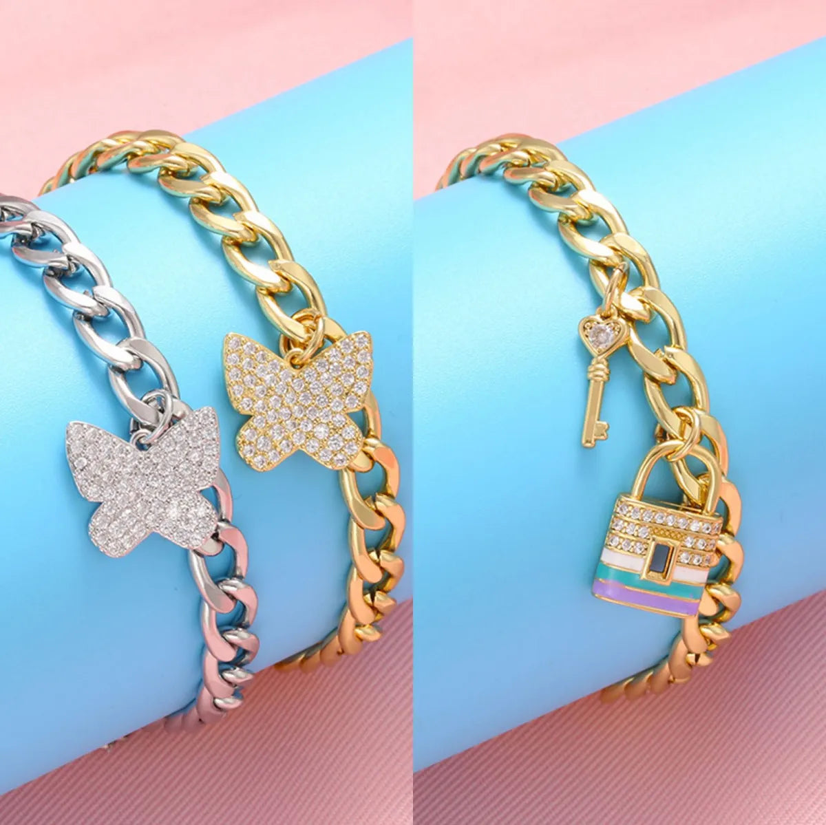 women's floral bracelets-Fashion Bead Buckle Micro-set Zircon Butterfly Key Lock Pendant Copper Bracelet