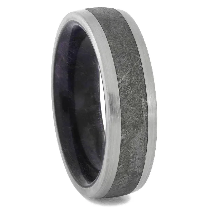 women's opal engagement rings-Authentic Meteorite Wedding Band with Purple Wood Sleeve