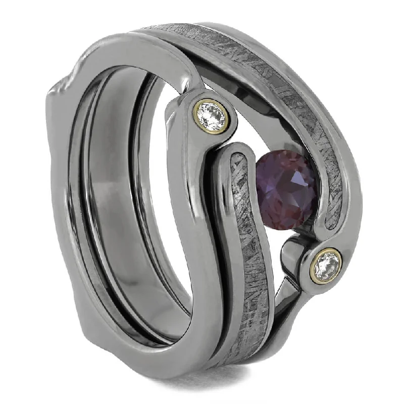 women's engraved engagement rings-Meteorite Bridal Set with Alexandrite Engagement Ring