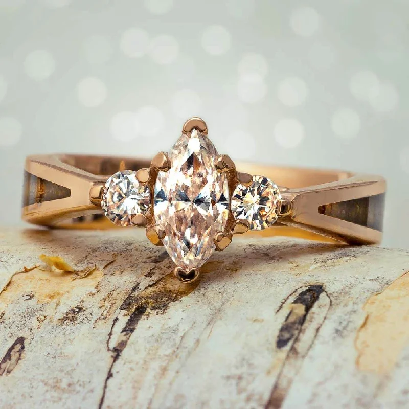 women's baguette engagement rings-Marquise Cut Moissanite Engagement Ring With Dinosaur Bone Inlay