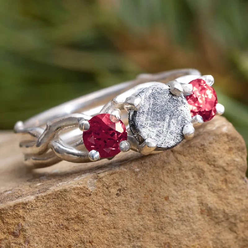 women's pear shaped engagement rings-Ruby & Meteorite Engagement Ring With Branch Design