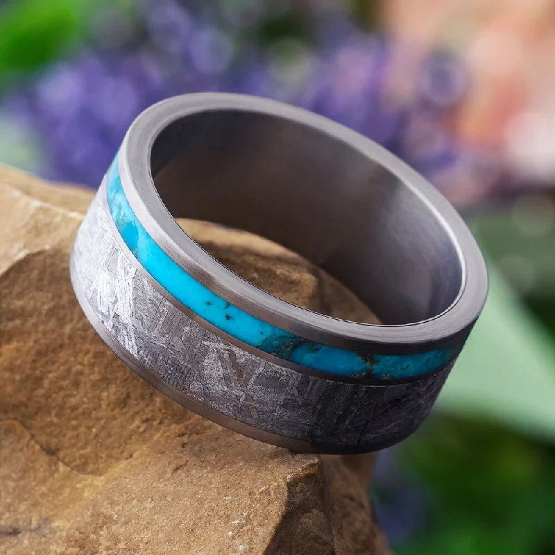 women's handmade rings-Meteorite Men's Wedding Band with Turquoise in Brushed Titanium