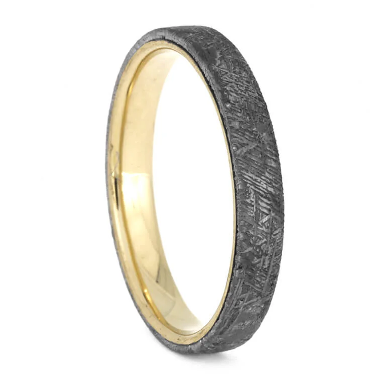 women's promise engagement rings-Thin Yellow Gold Wedding Band With Meteorite Overlay