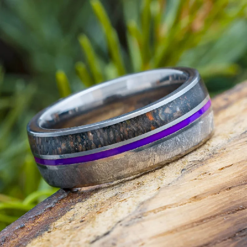 women's bold gold rings-Meteorite and Dinosaur Bone Ring With Purple Pinstripe