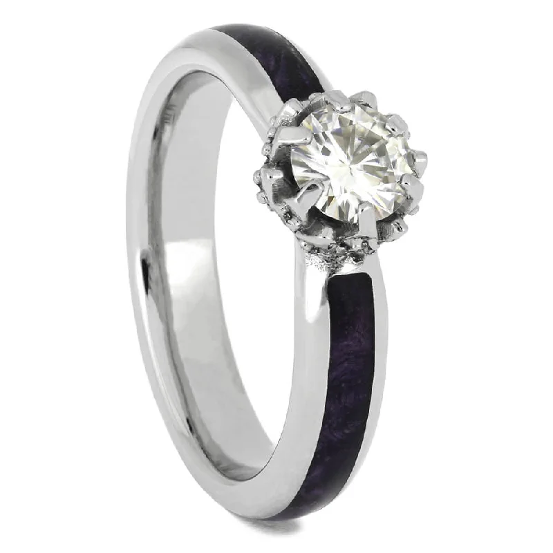 women's trillion cut engagement rings-Purple Box Elder Burl Engagement Ring with Moissanite