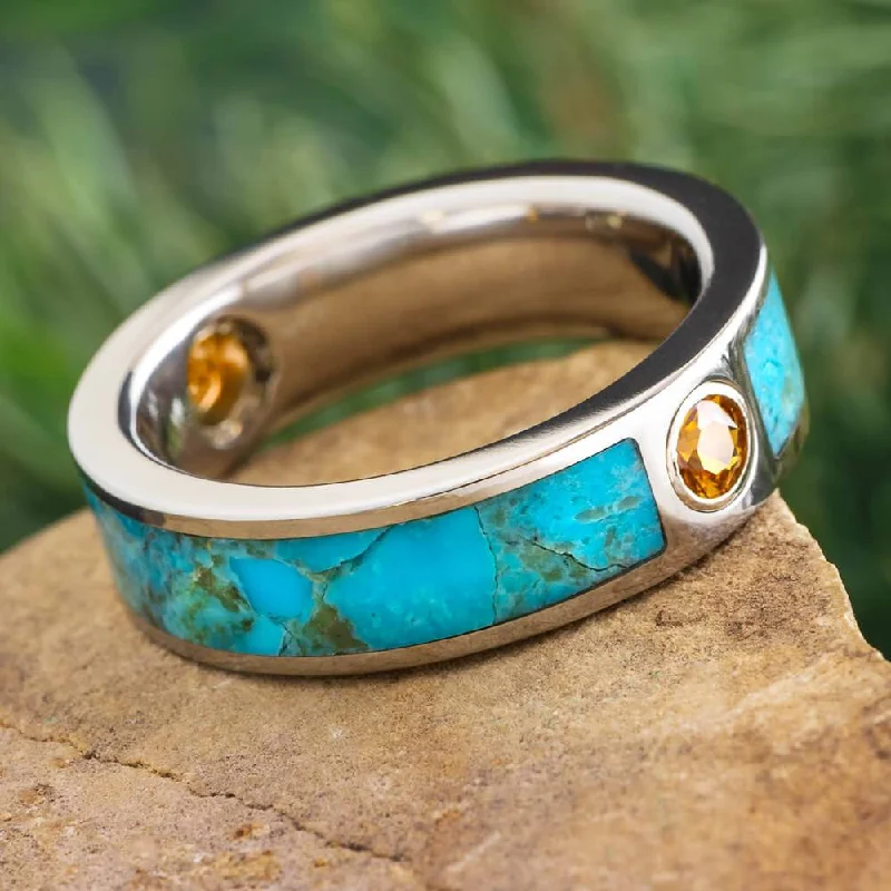 women's wishbone rings-Turquoise and Orange Sapphire Wedding Band for Men