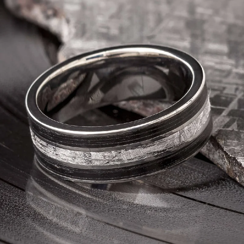 women's mother-of-pearl rings-Meteorite Wedding Band with Vinyl LP Record Inlays