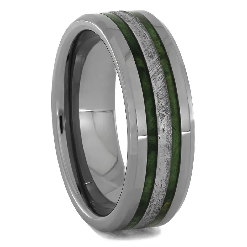 women's small engagement rings-Meteorite Wedding Band with Green Burl Wood