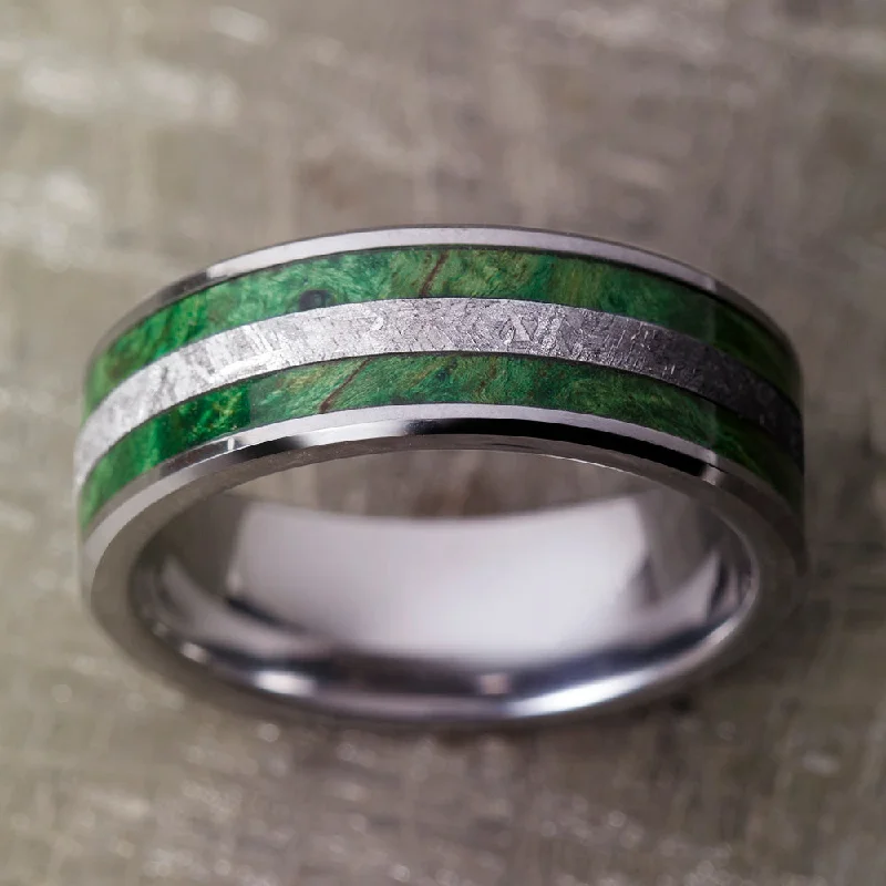 women's art deco engagement rings-Green Wood & Meteorite Men's Wedding Band