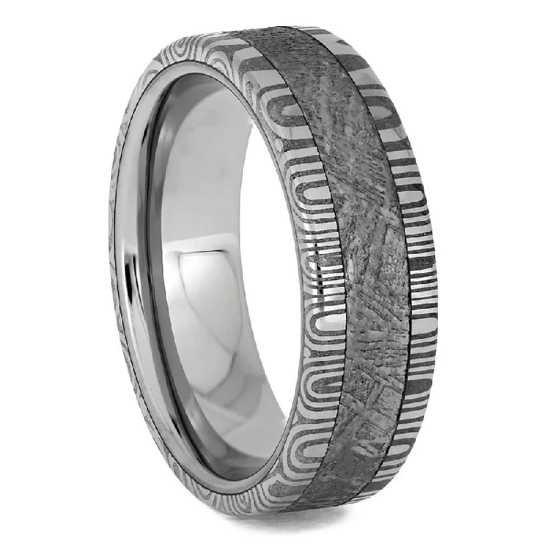 women's infinity engagement rings-Meteorite & Damascus Steel Wedding Band