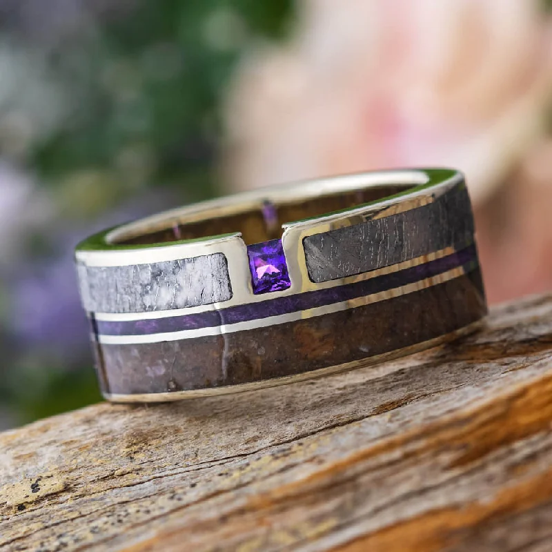 women's adjustable rings-Amethyst Wedding Ring with Dinosaur Bone, Meteorite and Purple Wood