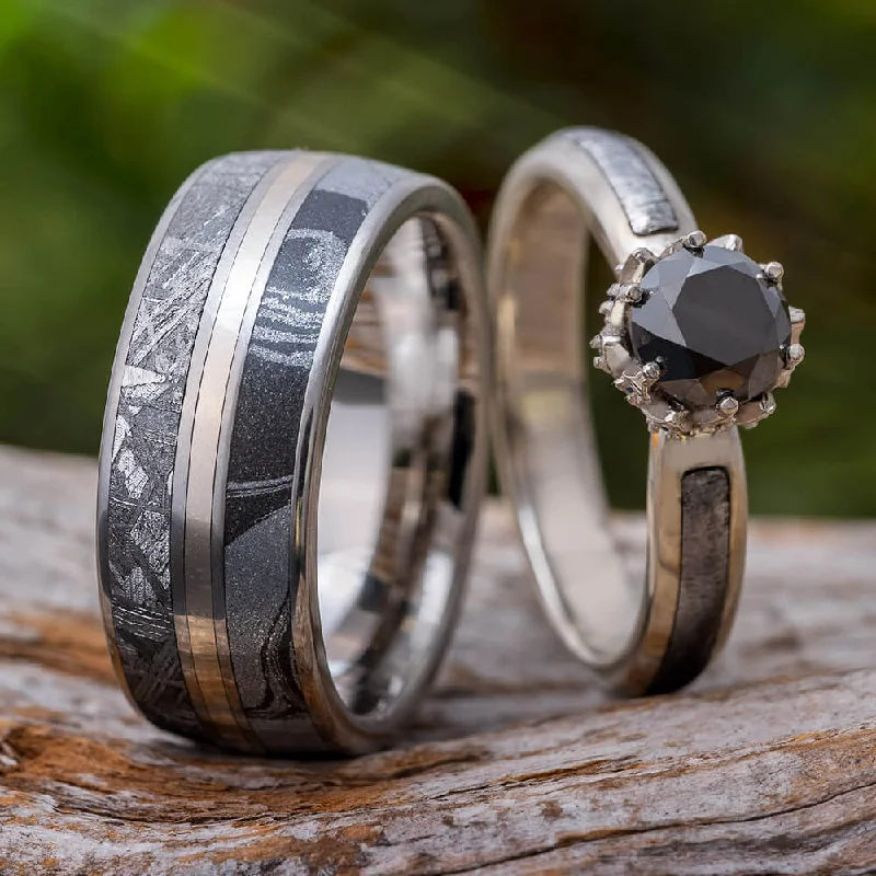 women's floral engagement rings-Black Diamond Ring Set, White Gold Wedding Rings With Meteorite