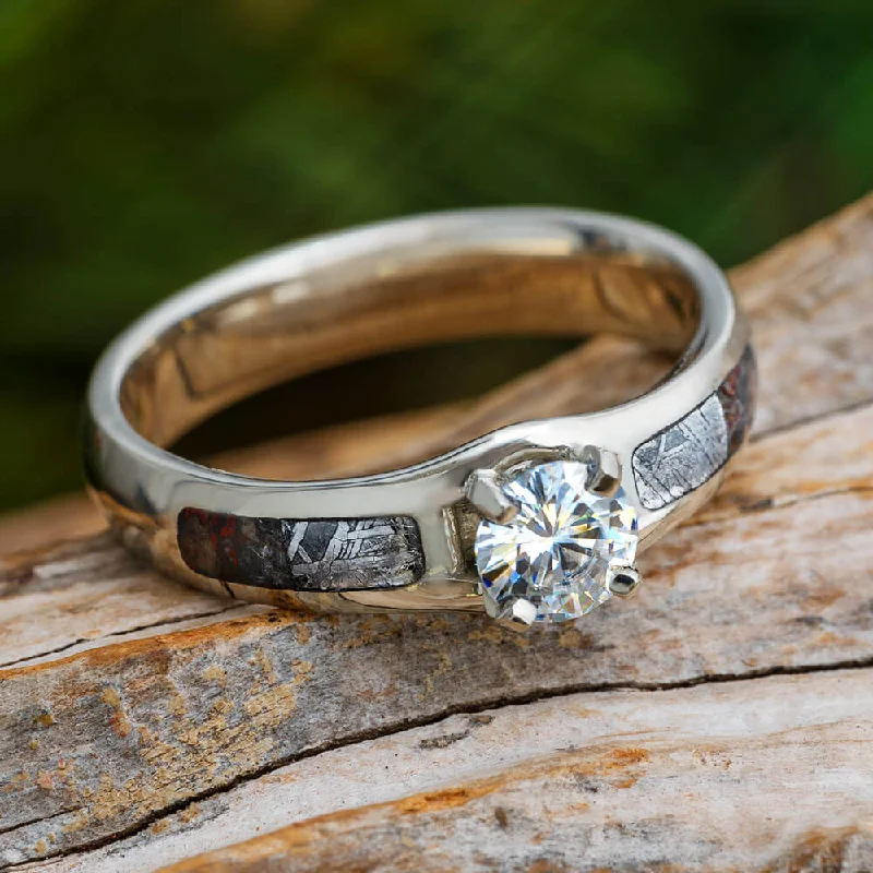 women's vintage engagement rings-Solitaire Moissanite Engagement Ring with Meteorite and Dinosaur Bone