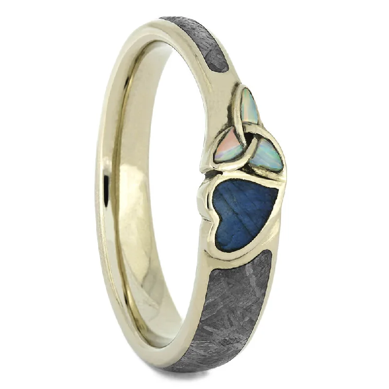 women's handcrafted engagement rings-Labradorite and Opal Engagement Ring with Meteorite