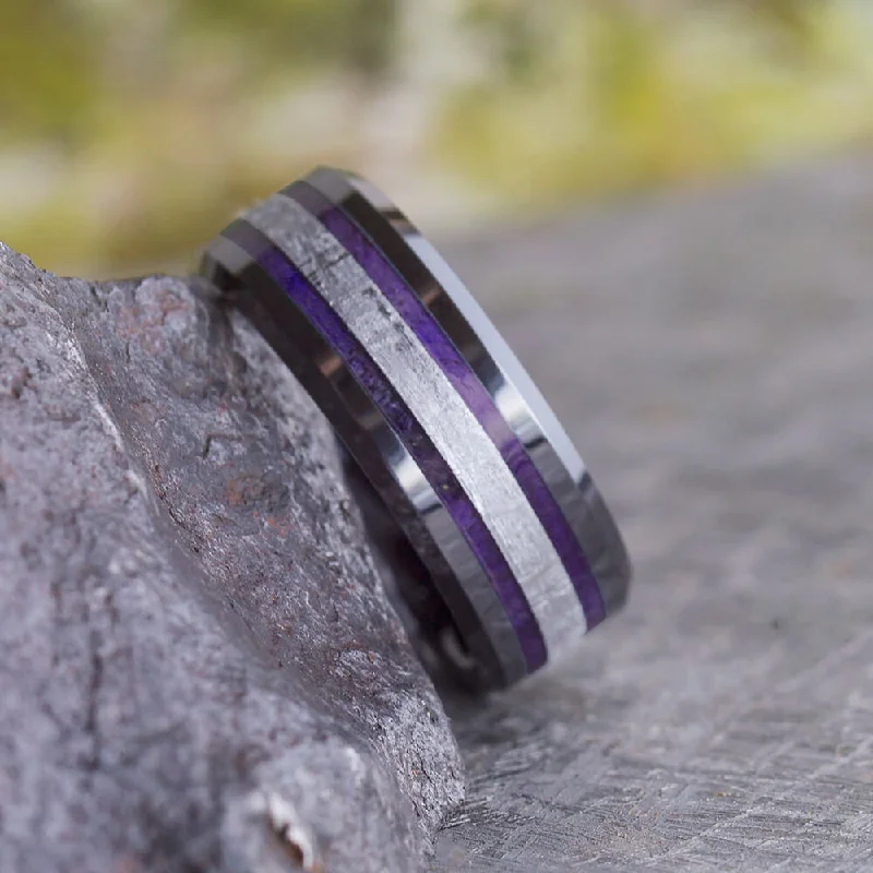 women's engagement rings-Purple Men's Wedding Band With Wood & Meteorite