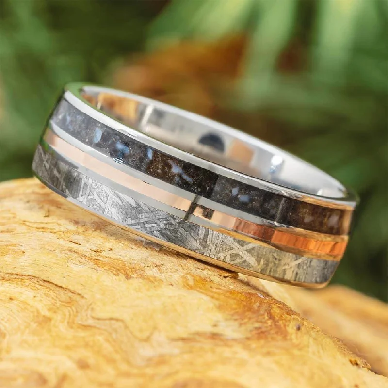 women's statement engagement rings-Meteorite and Fossil Wedding Band with Rose Gold Pinstripe