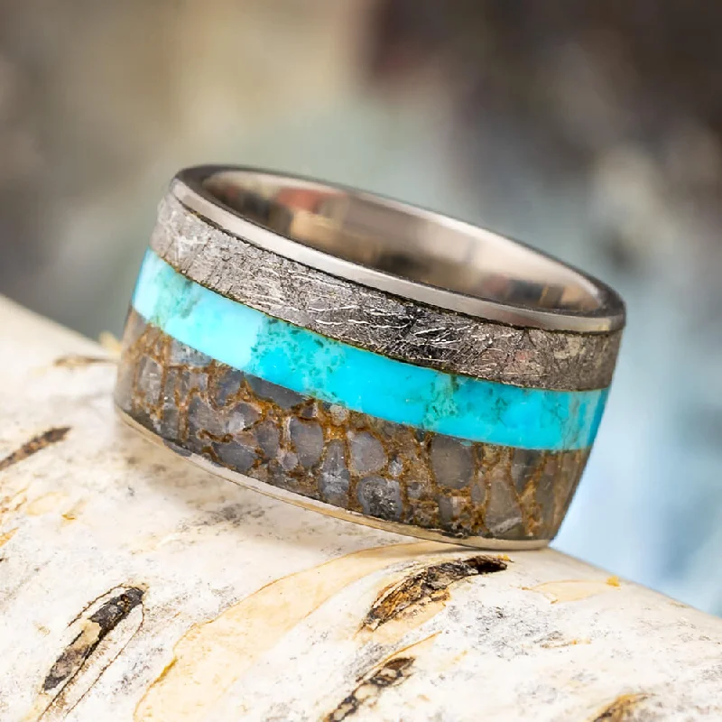 women's solitaire rings-Turquoise, Meteorite & Dinosaur Bone Ring