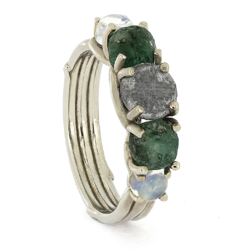 women's silver engagement rings-Meteorite, Emerald, and Moonstone Engagement Ring