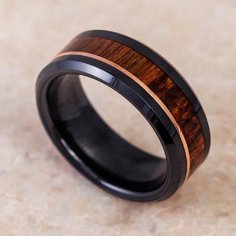 women's infinity engagement rings-Wood & Black Ceramic Wedding Band With Rose Gold Pinstripe