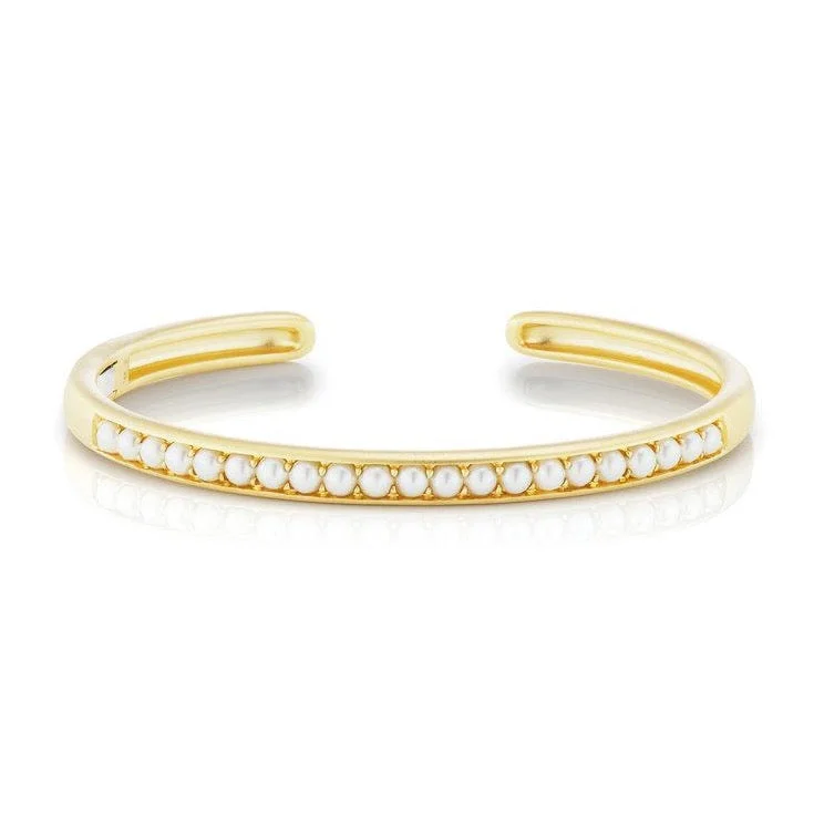 women's winter bracelets-Cirque Oval Hinged Cuff Bracelet with White Pearls