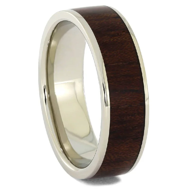 women's bridal set engagement rings-Flat White Gold Wedding Band with Bubinga Wood