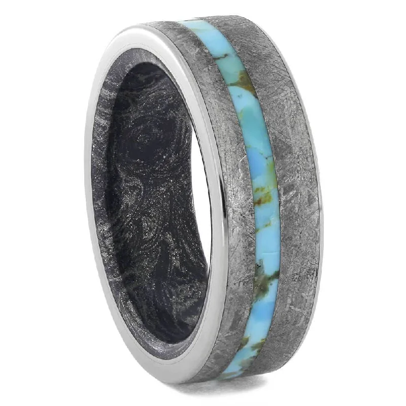 women's split shank engagement rings-Turquoise and Meteorite Wedding Band with Mokume Sleeve