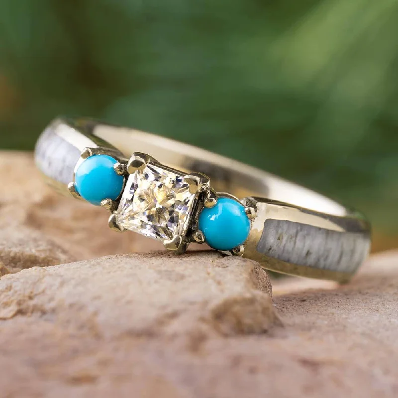 women's moonstone rings-Three Stone Engagement Ring With Antler & Turquoise in White Gold