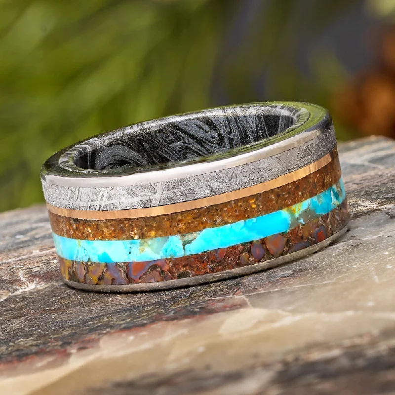 women's dainty rings-Unique Men's Ring with Meteorite, Dinosaur Bone, Turquoise and Petrified Wood