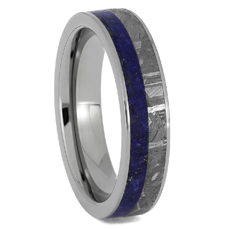 women's lab-grown diamond engagement rings-Lapis Lazuli Wedding Band with Meteorite Inlay