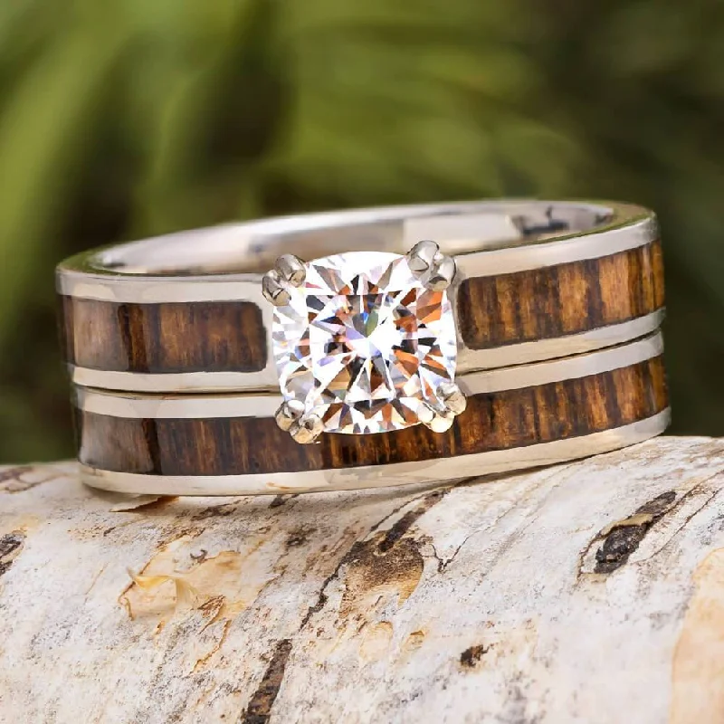 women's silver engagement rings-Wood Wedding Ring Set With Solitaire Engagement Ring