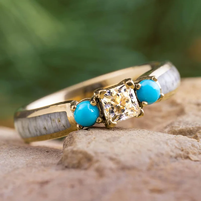 women's handcrafted rings-Gold Three Stone Engagement Ring With Antler & Turquoise