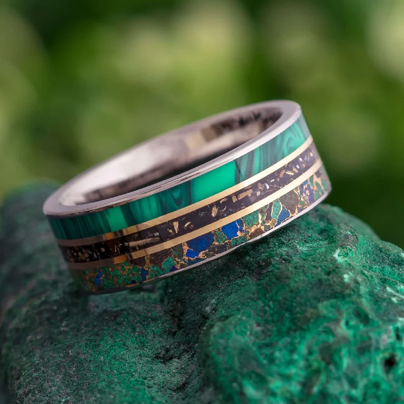 women's eternity engagement rings-Malachite Wedding Band with Gold and Stardust Accents