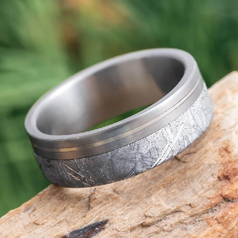 women's geometric rings-Matte Titanium & Meteorite Wedding Band with Gold Pinstripe