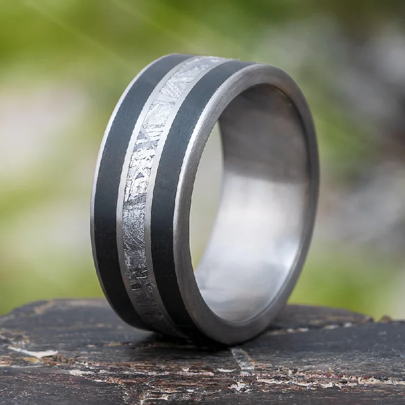 women's star rings-Black Jade Ring with Gibeon Meteorite in Titanium Band