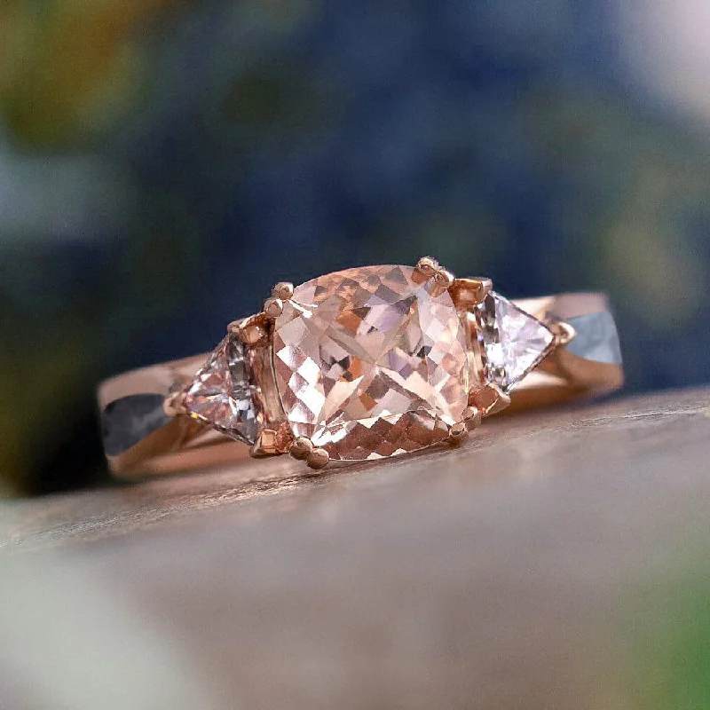 women's celestial engagement rings-Cushion Cut Morganite Engagement Ring With Diamonds & Meteorite