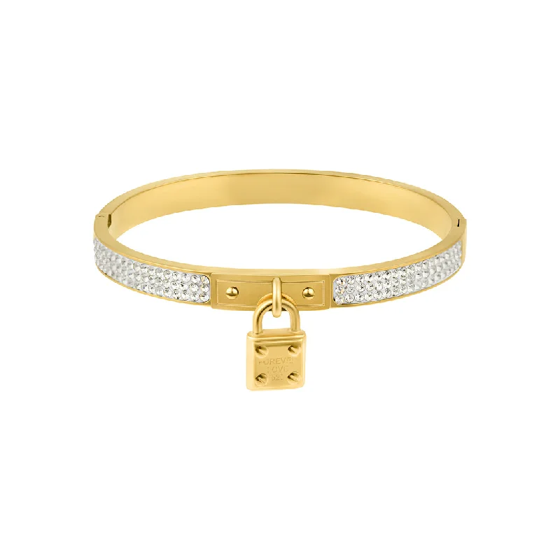 women's moonstone bracelets-Tarnish Resistant 14k Gold Plated Pave Lock Bangle