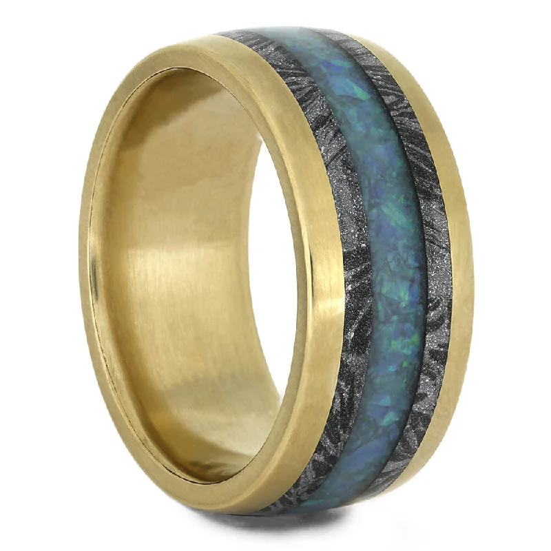 women's lab-grown diamond engagement rings-Unisex Wedding Band with Opal and White Mokume in Yellow Gold