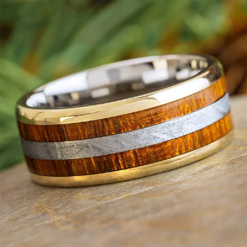 women's ethical engagement rings-Ironwood and Meteorite Wedding Band with Gold Accents