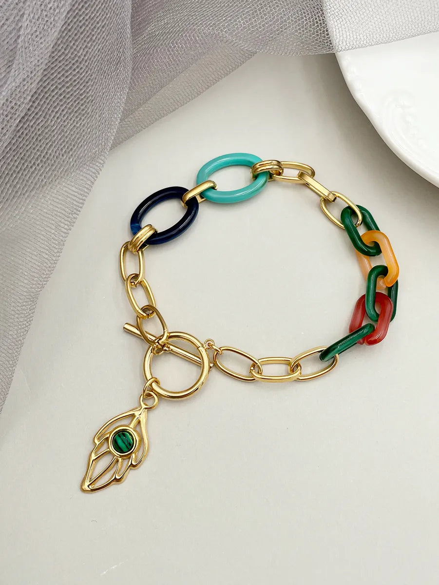 women's layered bracelets-Retro Simple Style Leaves Stainless Steel Plating Inlay Turquoise Gold Plated Bracelets