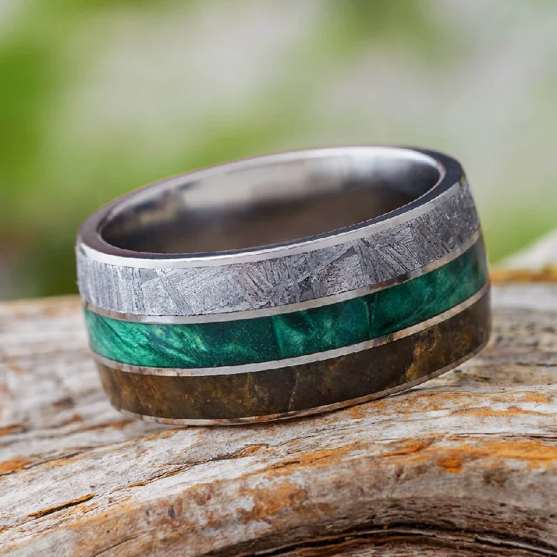 women's eternity band rings-Meteorite, Green Box Elder Burl, Dinosaur Bone Ring