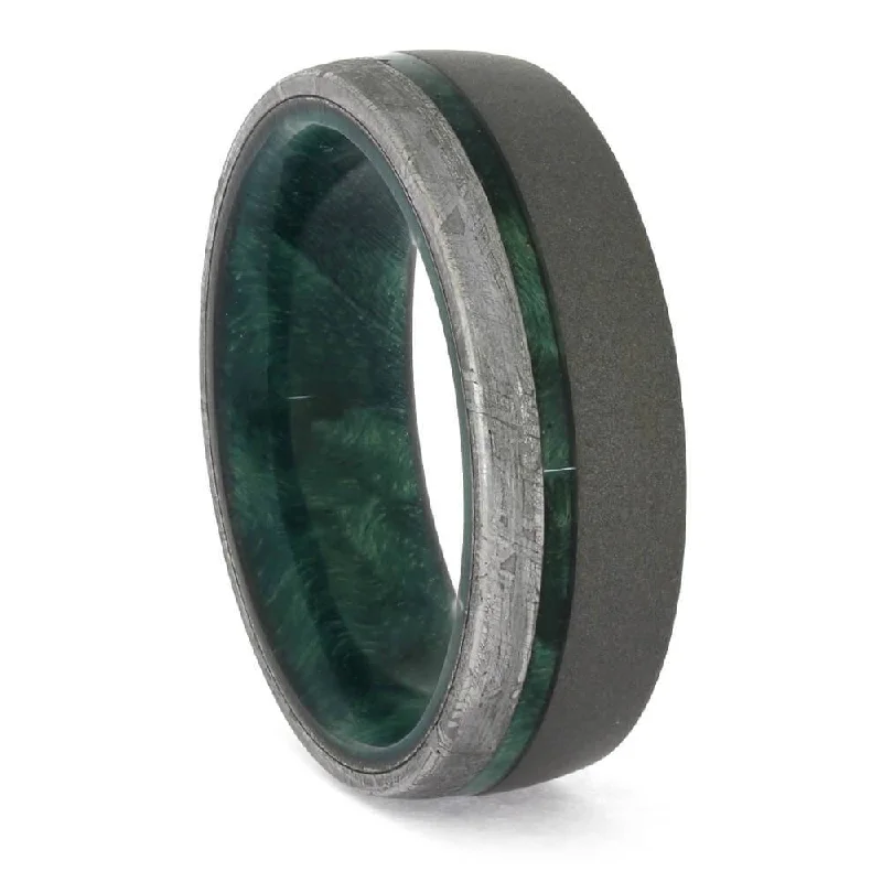 women's thin band engagement rings-Green Wood and Meteorite Wedding Band in Sandblasted Titanium