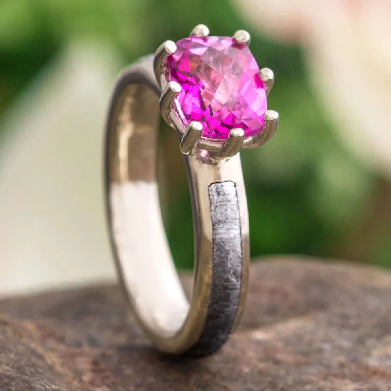 women's symbolic engagement rings-Custom Pink Topaz Ring, Meteorite And Gold Engagement Ring