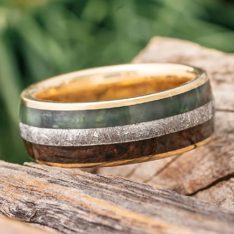 women's winter rings-Meteorite, Fossil, & Jade Wedding Band in Yellow Gold