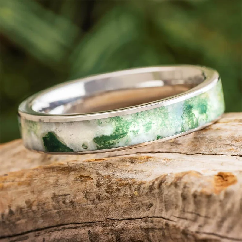 women's gold band engagement rings-Moss Agate Wedding Band in Titanium